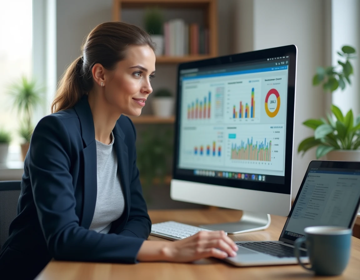 Femme entrepreneur analysant des tableaux de bord e-commerce et métriques de panier moyen sur un écran dans un bureau moderne