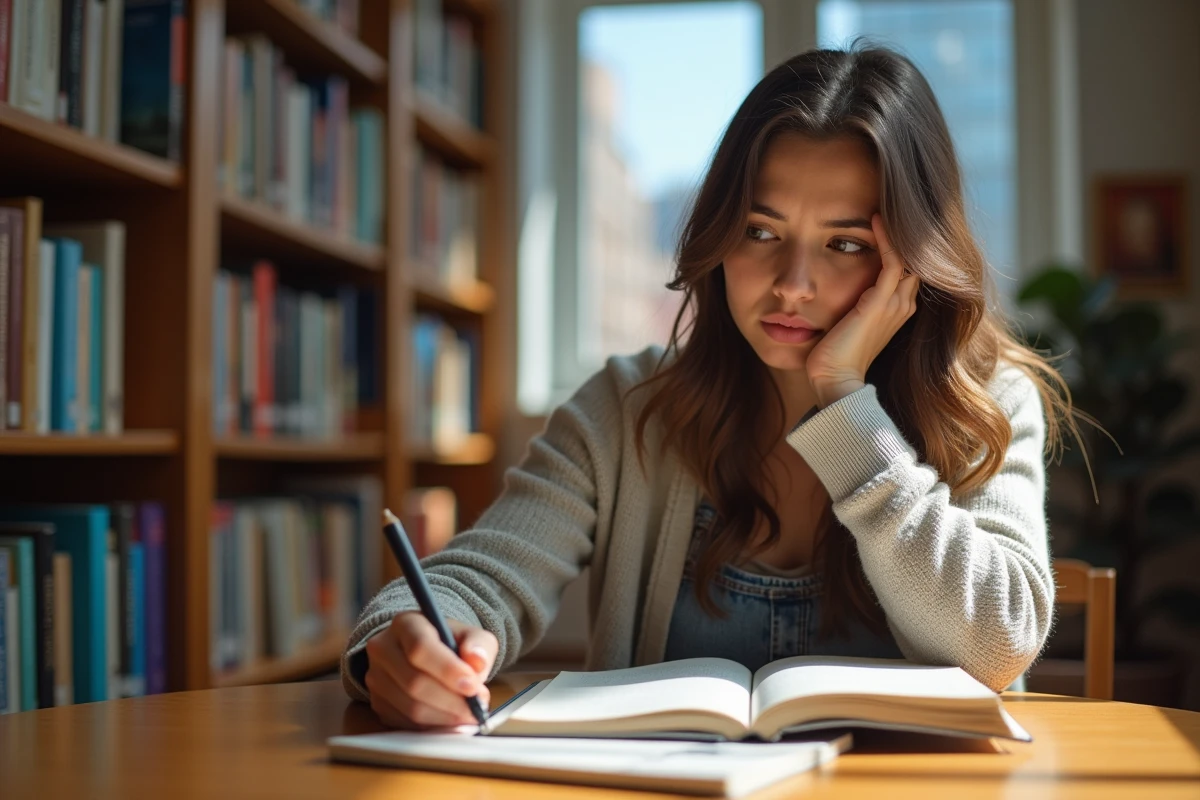 Jeune femme lisant un livre dans une bibliothèque ensoleillée