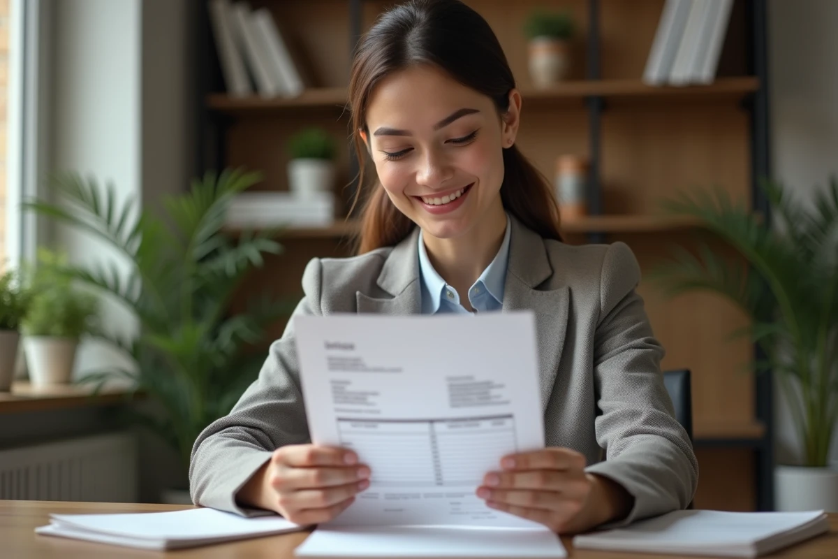 Jeune femme examinant une facture dans un bureau à domicile