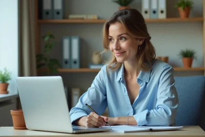 Femme au bureau à domicile en blouse bleue et jeans