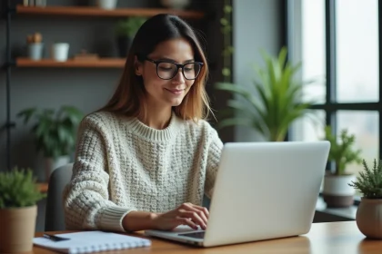 Femme en bureau moderne mettant à jour ses infos sur un ordinateur
