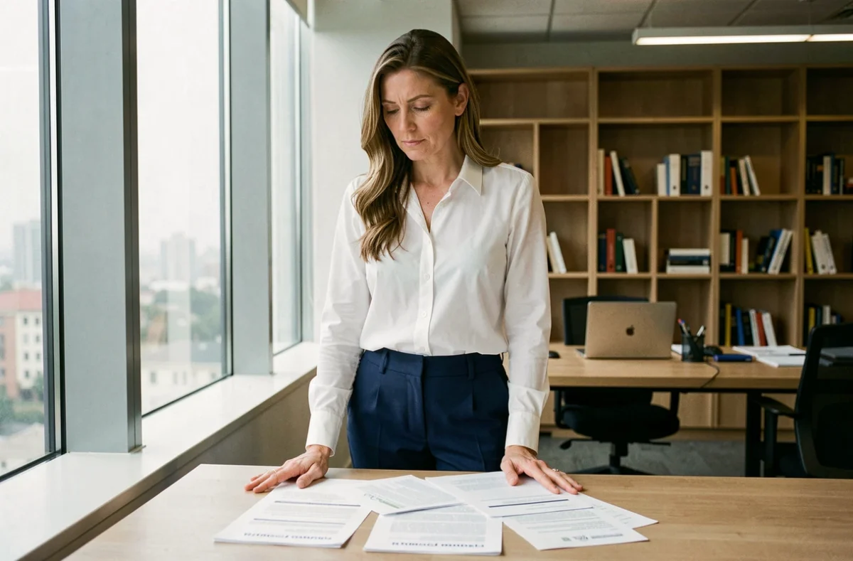 Femme cadre analysant des documents contractuels liés à un préavis de licenciement dans un bureau professionnel