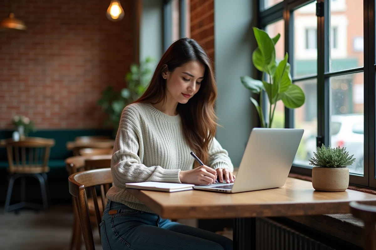 Jeune femme travaille dans un café urbain avec son ordinateur portable