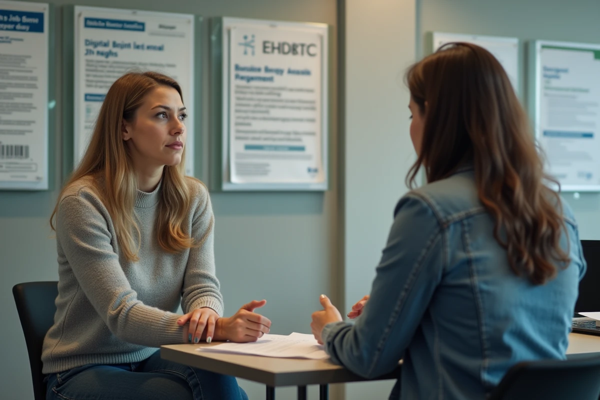 Femme parlant avec un conseiller dans un espace public