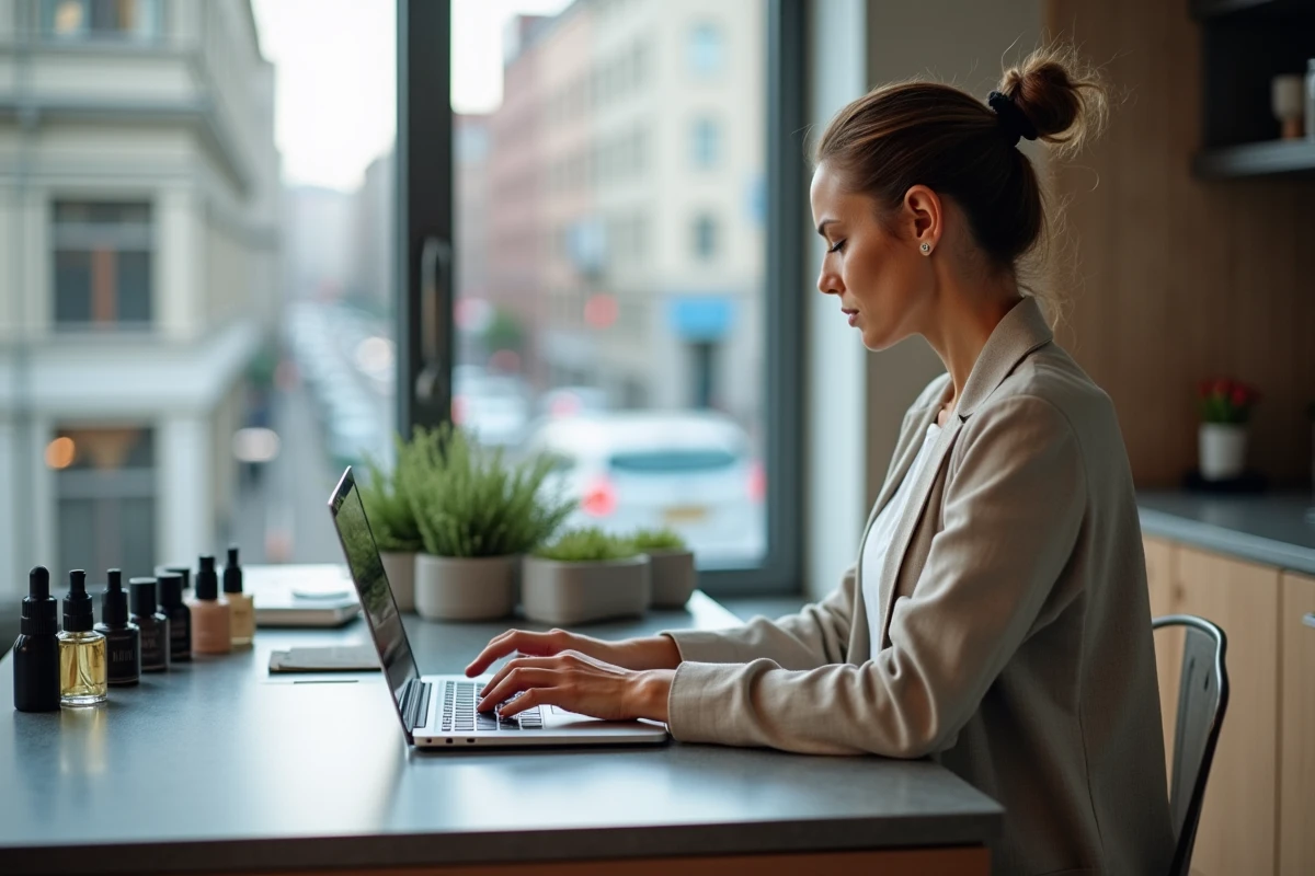 Femme consultante Chogan préparant une présentation produit depuis sa cuisine avec un ordinateur portable