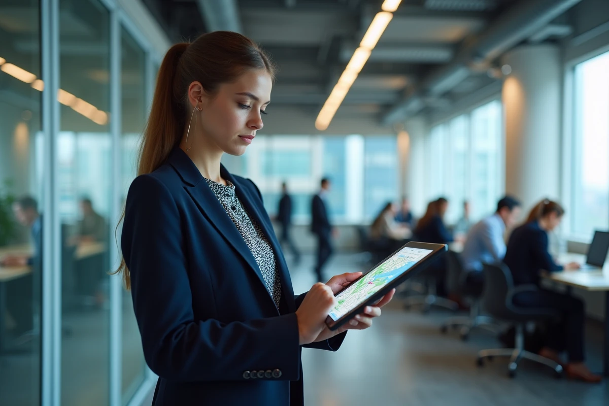 Jeune femme professionnelle utilisant une tablette dans un espace de coworking