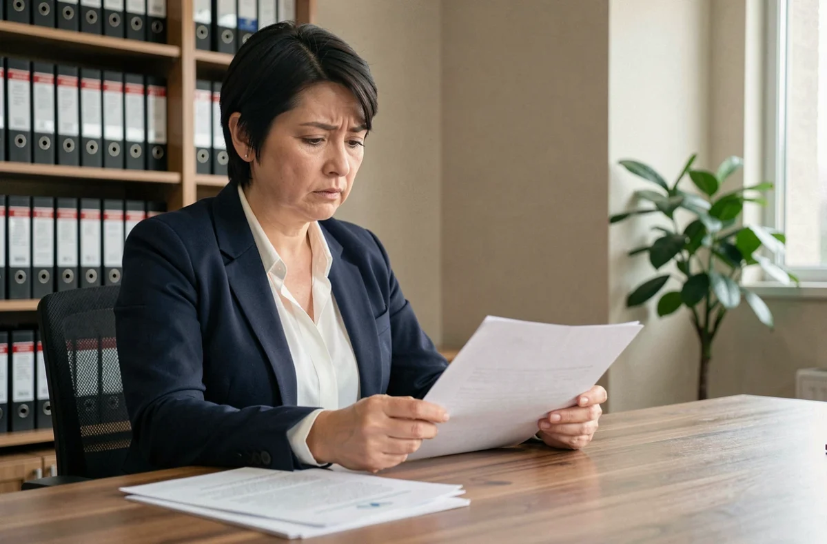 Femme cadre examinant des documents de solde de tout compte à son bureau
