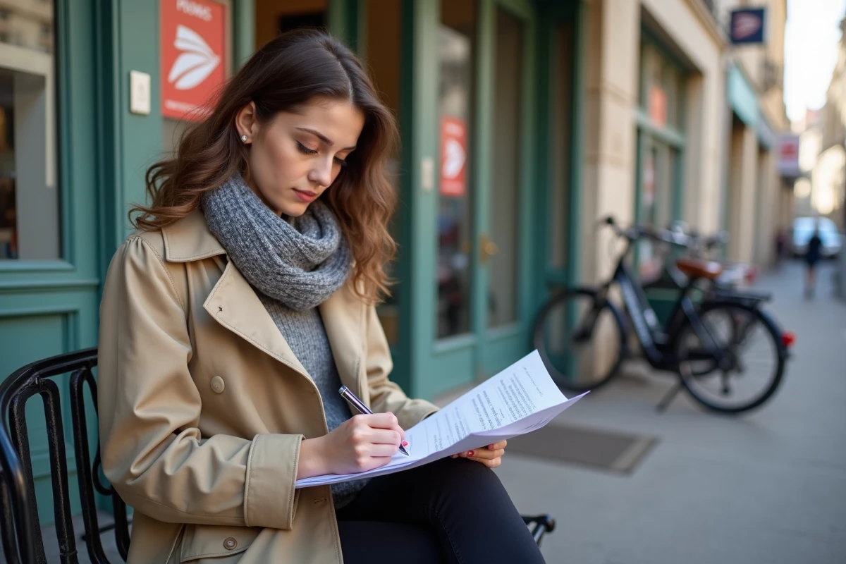 Jeune femme remplissant un formulaire devant une poste française