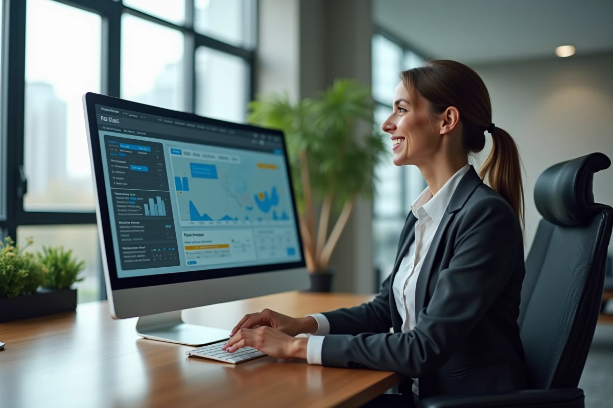 Femme analysant un tableau de bord GPS en bureau moderne