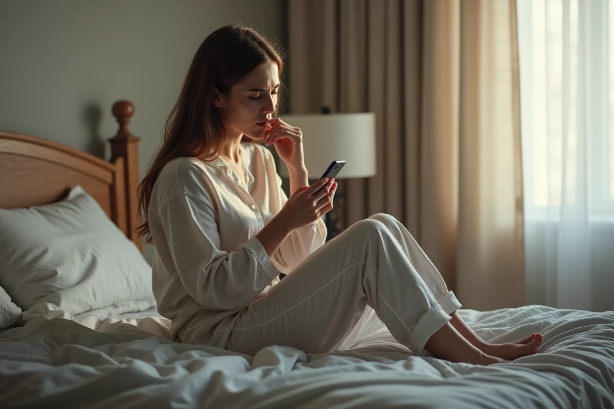 Femme hésitante assise sur son lit tenant son téléphone, cherchant une excuse pour ne pas aller travailler