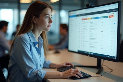 Femme utilisant l'interface Zimbra sur un écran de bureau pour gérer ses messages électroniques en entreprise
