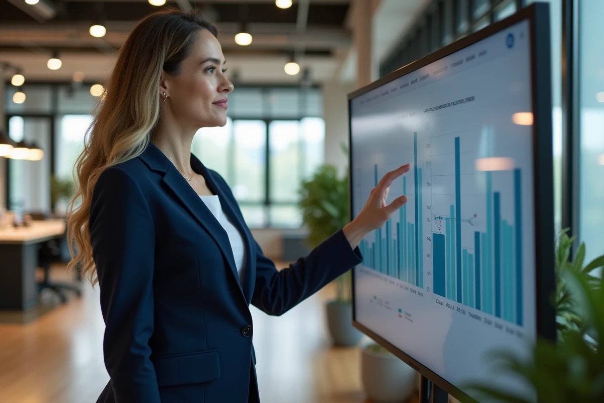 Manager femme analysant un graphique CRM dans un bureau