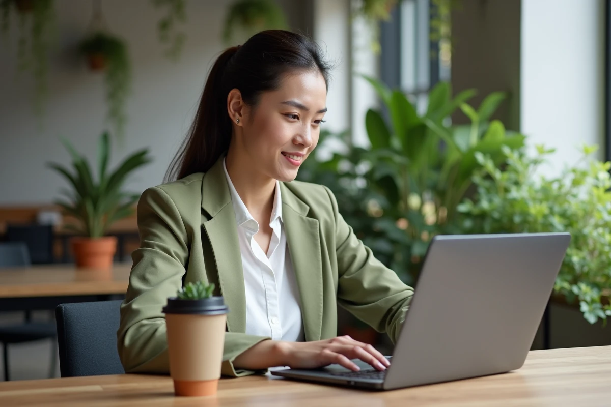 Professionnelle consultant la plateforme TEE pour l'emploi environnemental sur un ordinateur portable dans un espace de coworking écologique