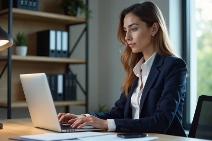 Jeune femme en bureau moderne utilisant un laptop