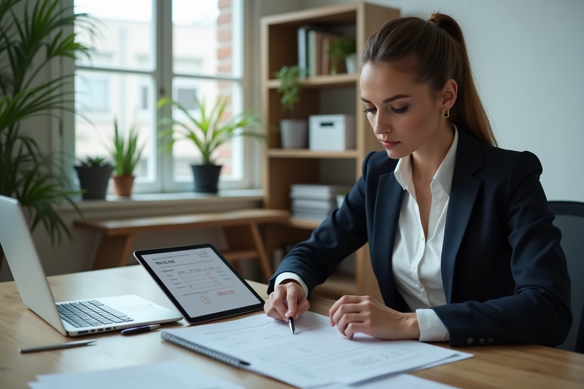 Femme professionnelle consultant des devis et factures sur tablette dans un bureau moderne