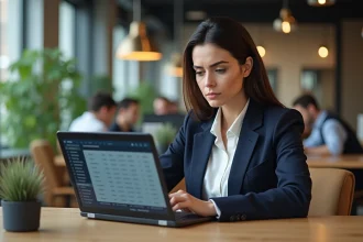 Femme professionnelle analysant des tarifs médias sur un ordinateur portable dans un bureau moderne pour négocier avec Stootie Media Conseils