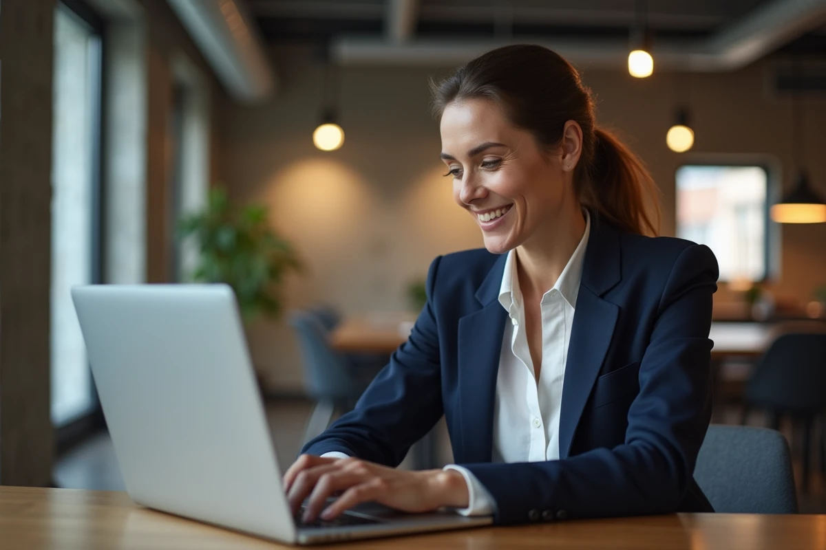 Femme professionnelle optimisant son profil business sur un ordinateur portable dans un espace de coworking moderne