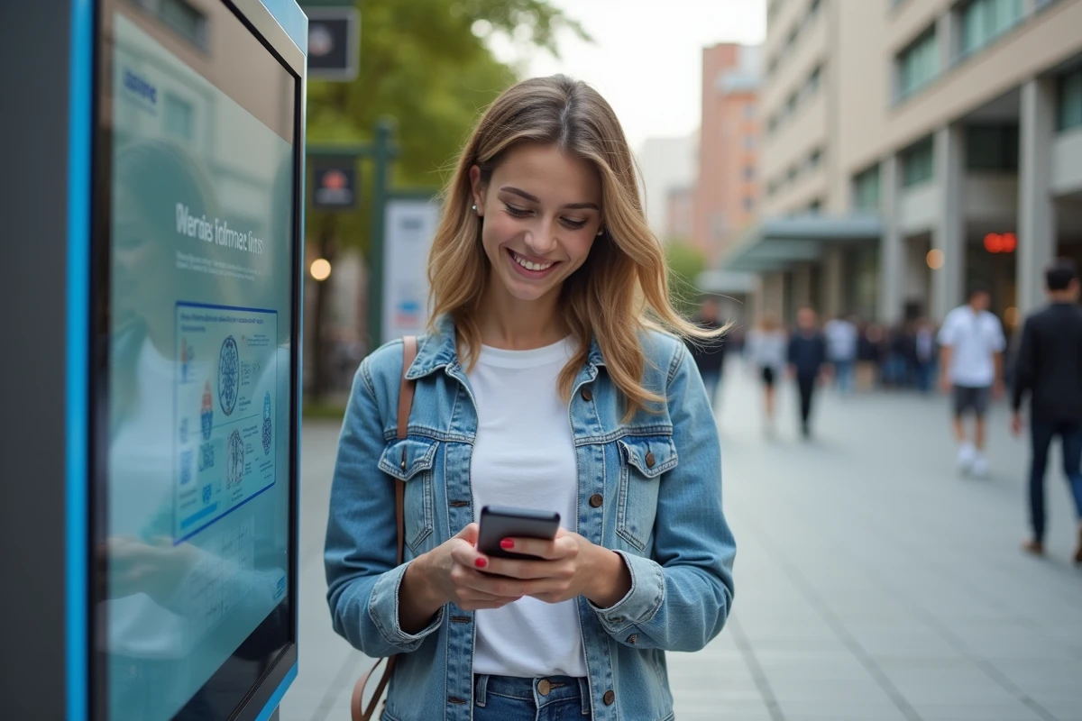 Jeune femme scannant un QR code dans une place urbaine