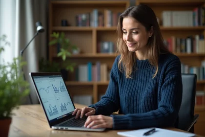 Femme en reconversion professionnelle consultant des données de carrière sur un ordinateur portable dans un bureau à domicile