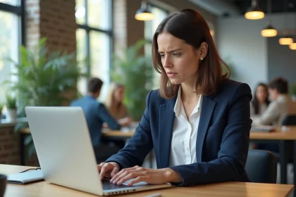 Femme professionnelle tapant sur un ordinateur portable dans un espace de coworking moderne, illustrant la rédaction de publications LinkedIn avec mise en gras