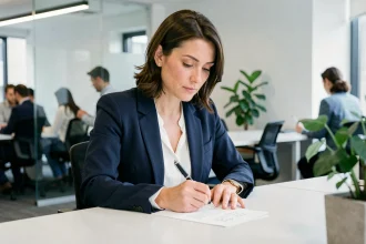 Femme professionnelle rédigeant une lettre de rupture conventionnelle CDI à son bureau en open space