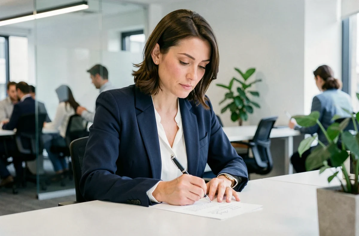 Femme professionnelle rédigeant une lettre de rupture conventionnelle CDI à son bureau en open space