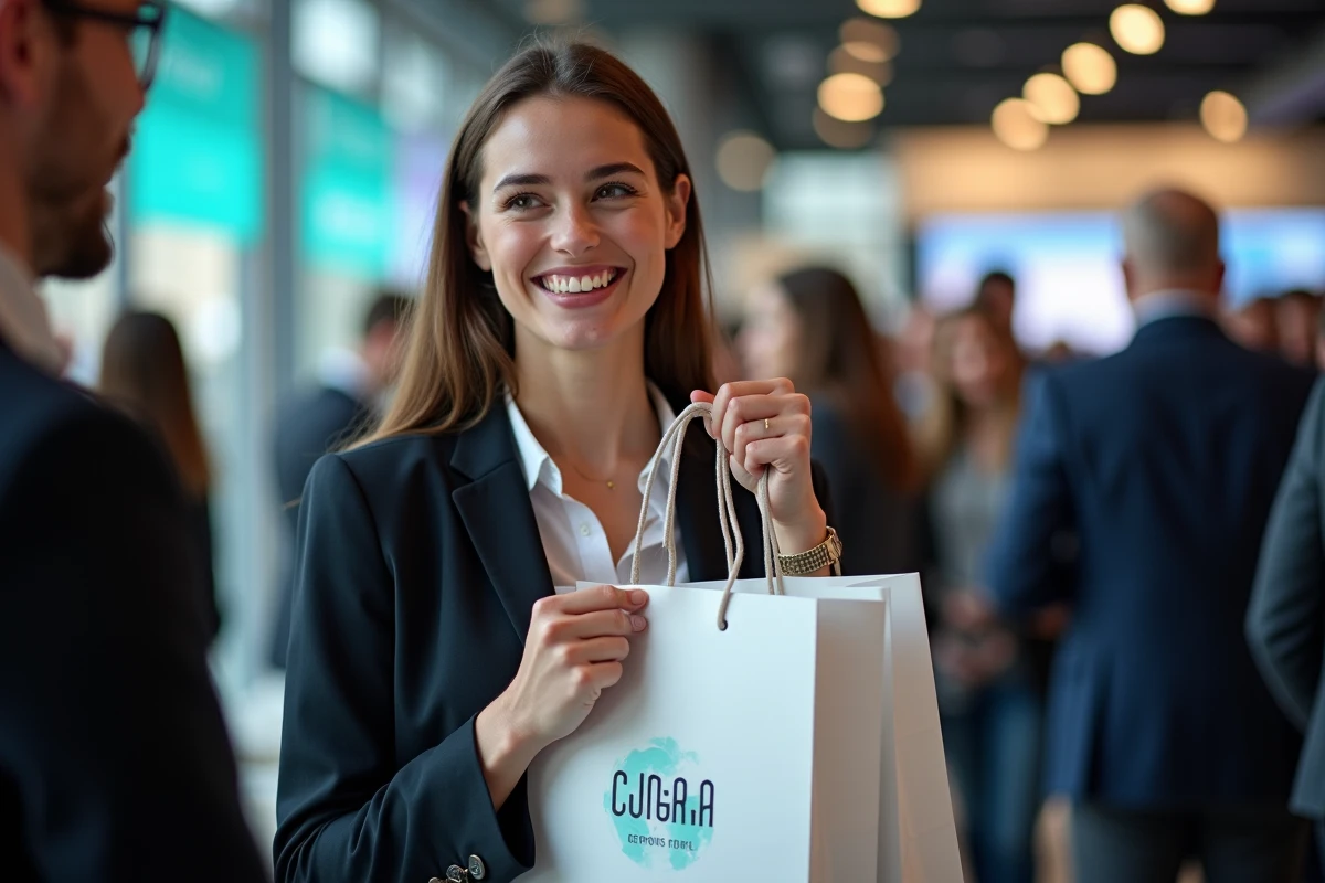 Femme tenant des sacs en papier personnalisés lors d'un événement professionnel de networking