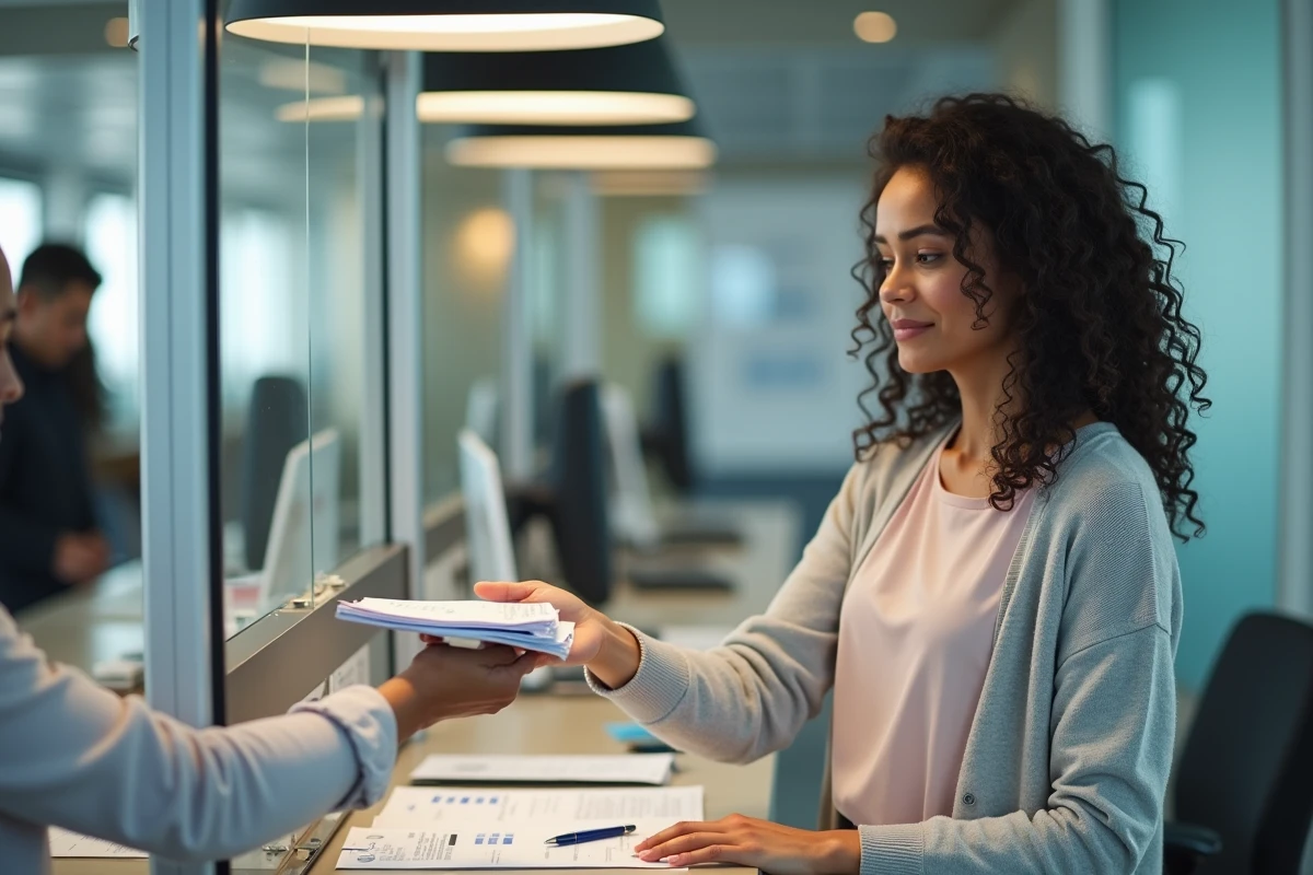 Jeune femme remettant des papiers au guichet administratif