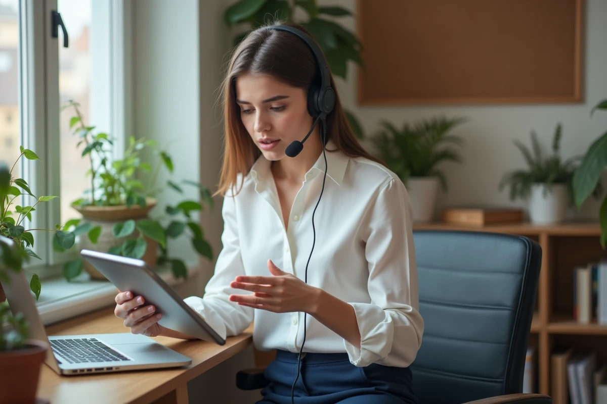 Jeune femme parlant en visioconference à son bureau à domicile
