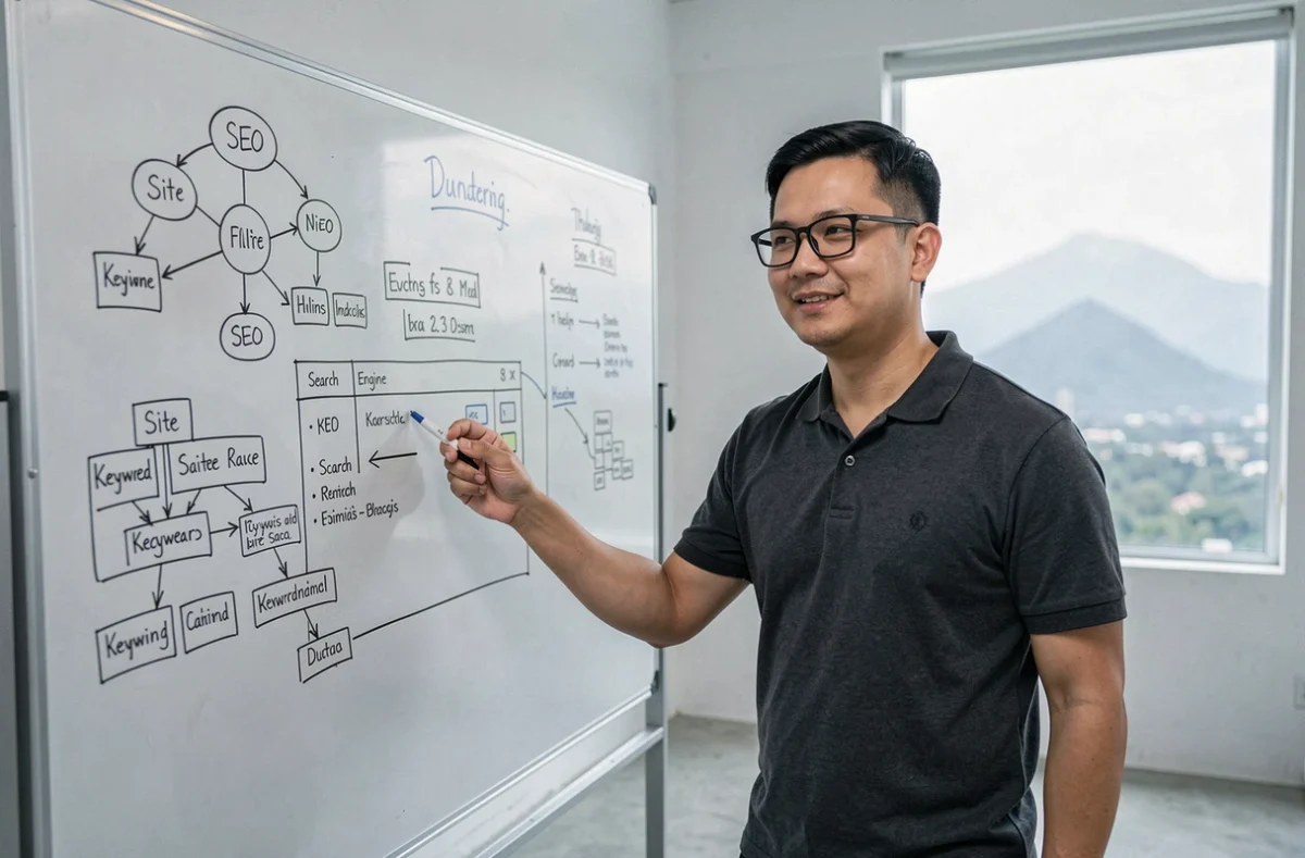Formateur SEO expliquant les bases du référencement naturel sur un tableau blanc dans une salle de réunion à Chiang Mai