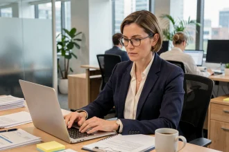 Gestionnaire professionnelle organisant son temps de travail sur ordinateur portable dans un bureau moderne