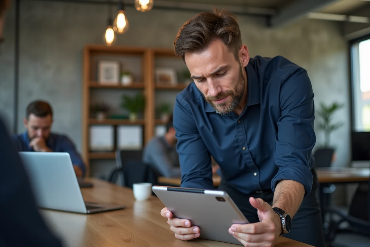Gestionnaire de paie consultant des messages RH et alertes sur tablette avec interface mySilae dans un espace de coworking