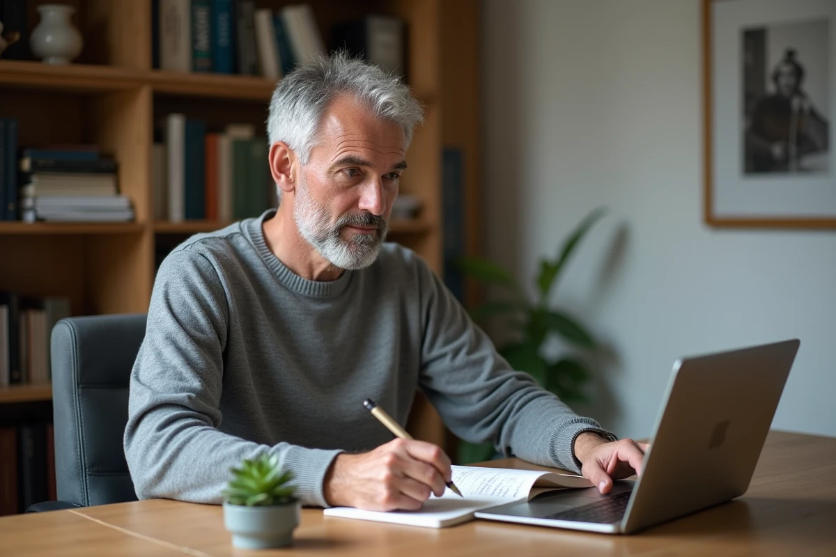 Graphiste indépendant prenant des notes sur la sécurité des données personnelles avant d'utiliser une plateforme de création par intelligence artificielle