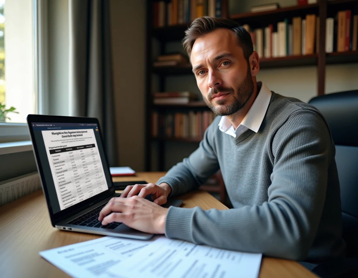 Agent contractuel de la fonction publique comparant sa grille salariale sur ordinateur portable à domicile