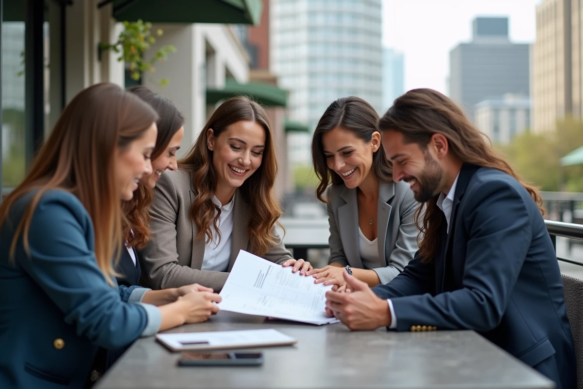Groupe de professionnels discutant en terrasse de cafe