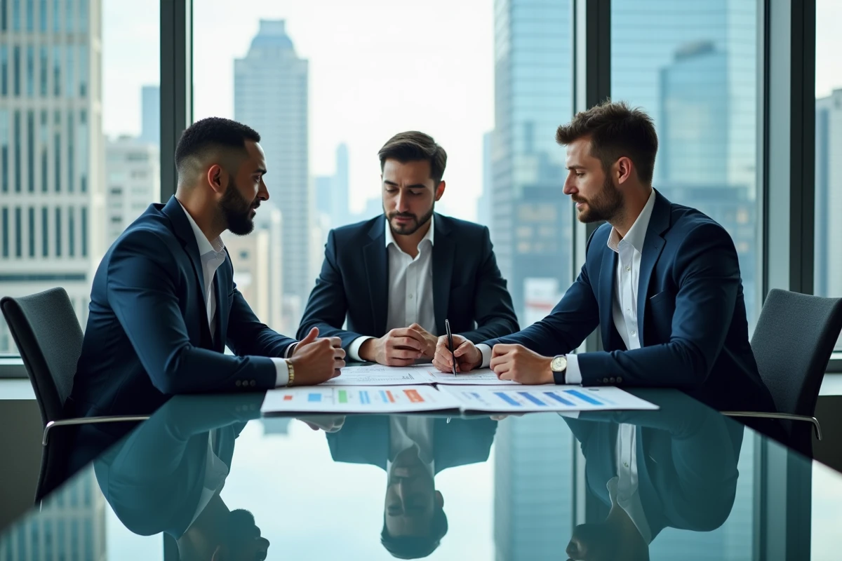 Groupe de professionnels discutant de rapports dans une salle de réunion