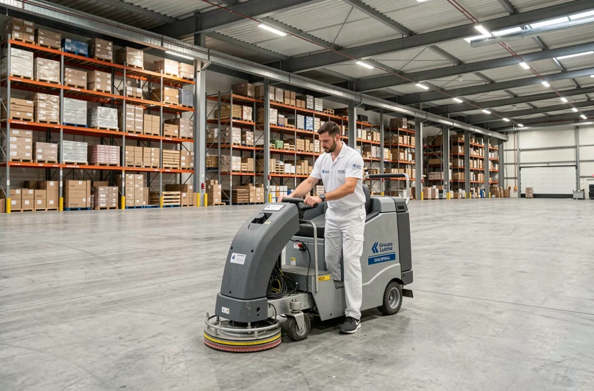 Agent du Groupe Lustral utilisant une autolaveuse dans un entrepôt industriel à Metz-Woippy
