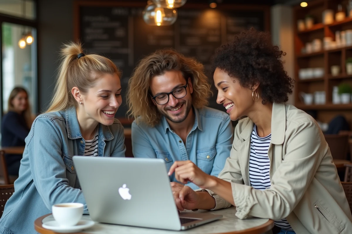 Groupe de professionnels en reconversion discutant d'informations de carrière sur un ordinateur portable dans un café urbain