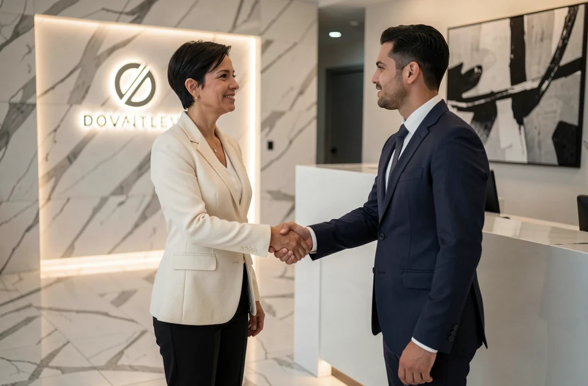 Recruteuse Hays accueillant un candidat dans le lobby moderne d'un bureau des Yvelines avec une poignée de main professionnelle