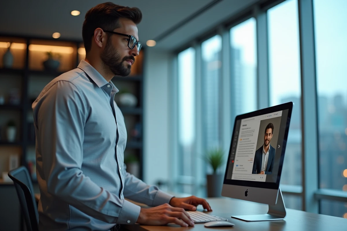 Homme d'affaires debout devant un ordinateur dans un bureau exécutif pour optimiser son profil professionnel en ligne