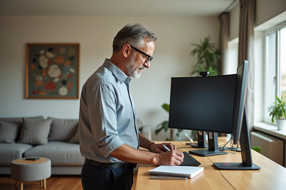 Homme écrivant à son bureau dans un salon moderne