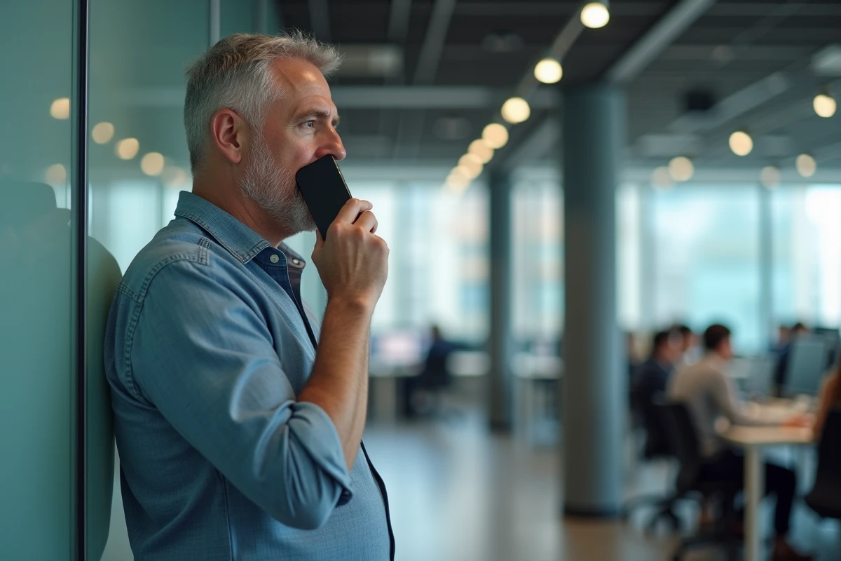 Homme en tenue décontractée discutant au téléphone dans un open space