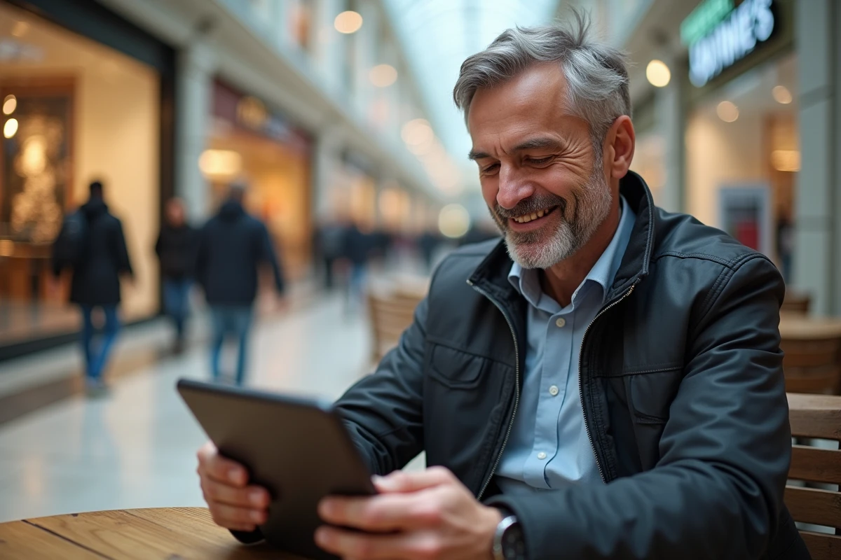 Homme d affaires dans un centre commercial avec tablette