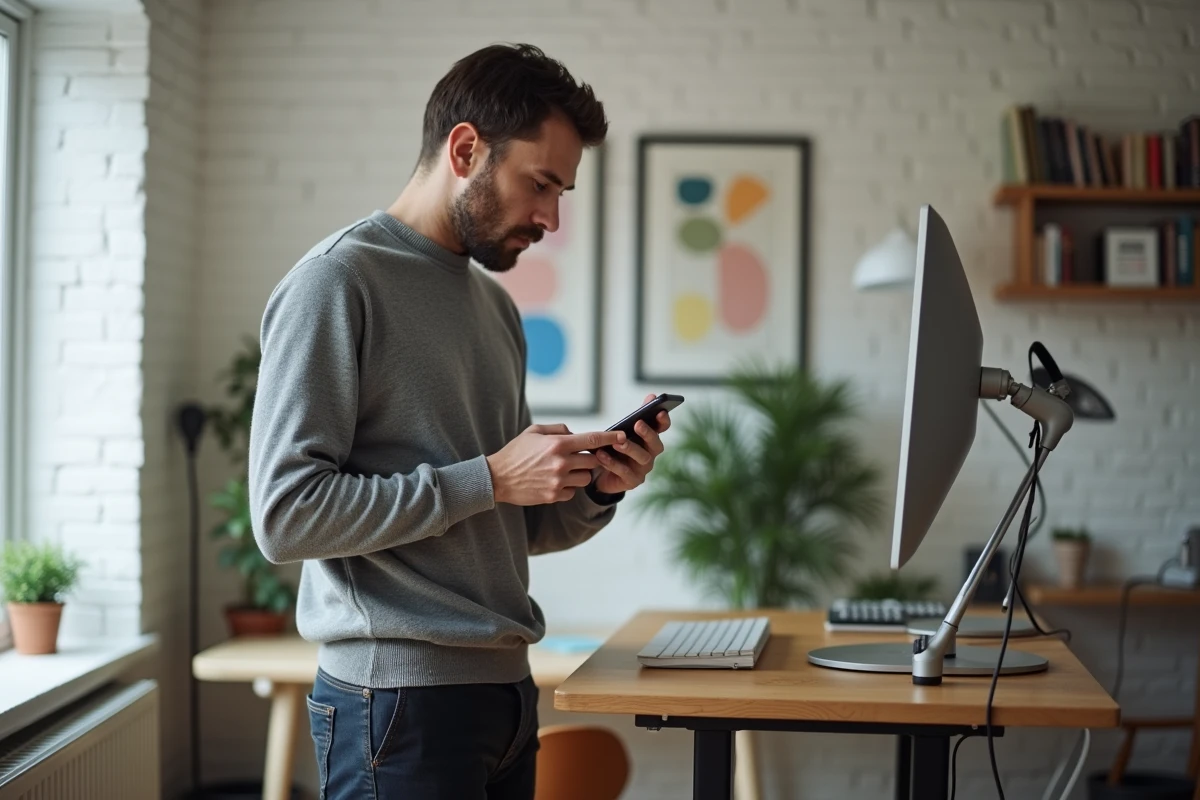 Homme consultant son smartphone dans un bureau minimaliste à domicile, réfléchissant à l'utilisation du texte en gras sur LinkedIn