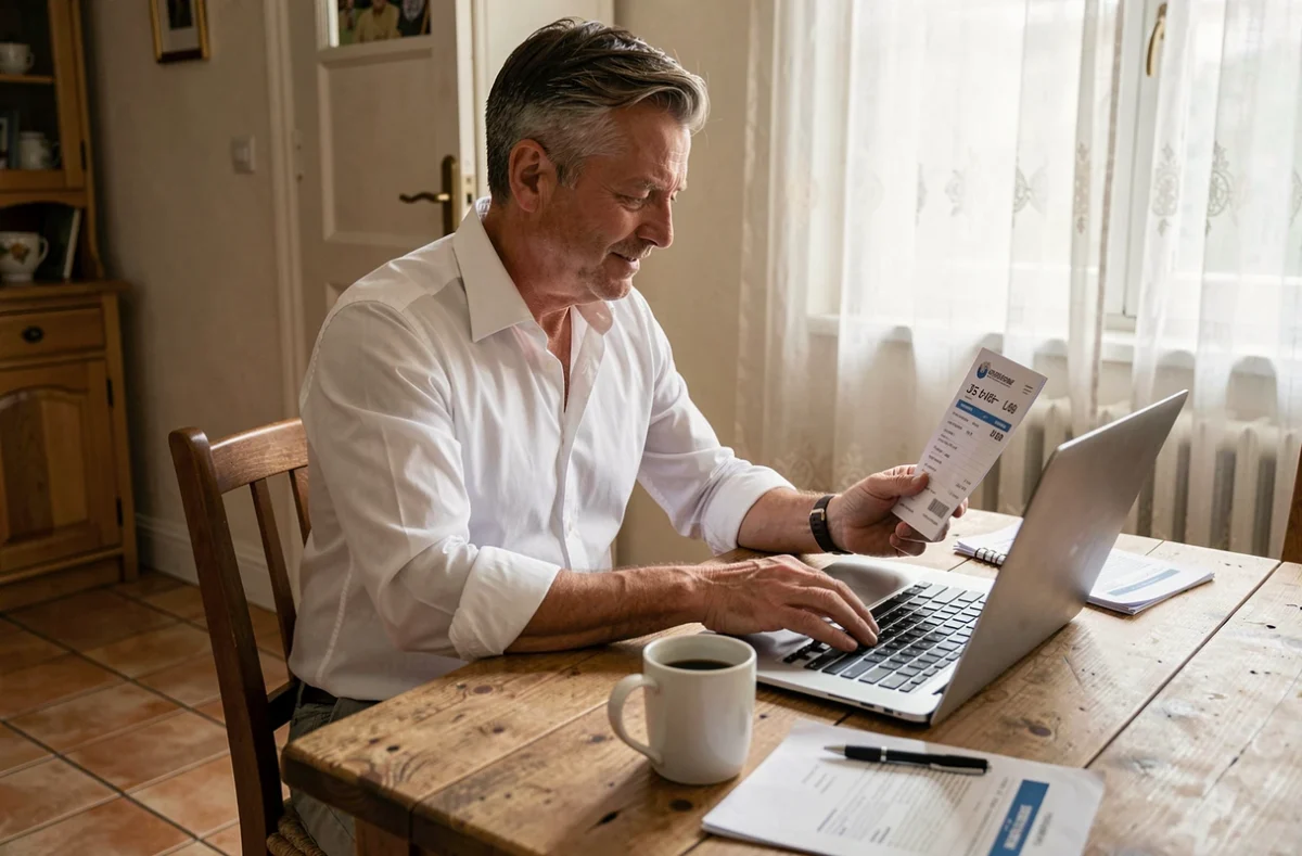 Homme consultant sa fiche de paie CCN 51 à domicile avec un ordinateur portable sur une table en bois
