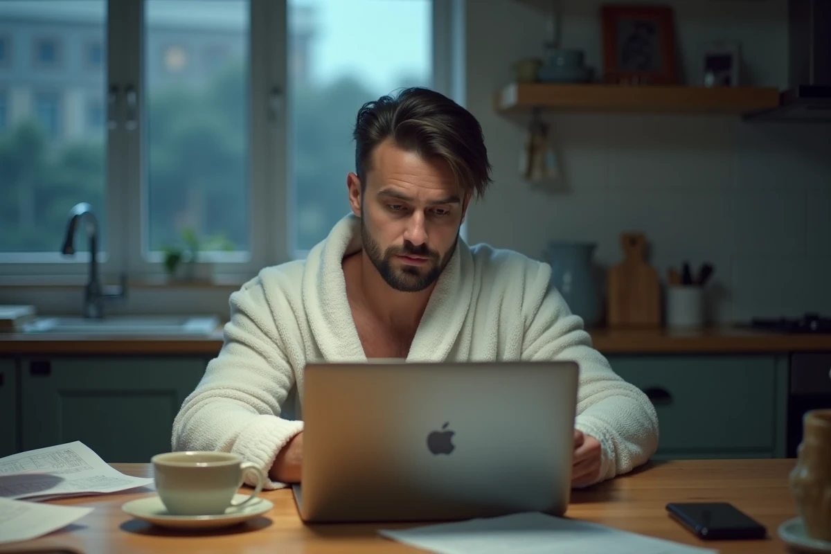 Homme en robe de chambre devant un ordinateur portable à la cuisine, réfléchissant à une excuse pour éviter le travail