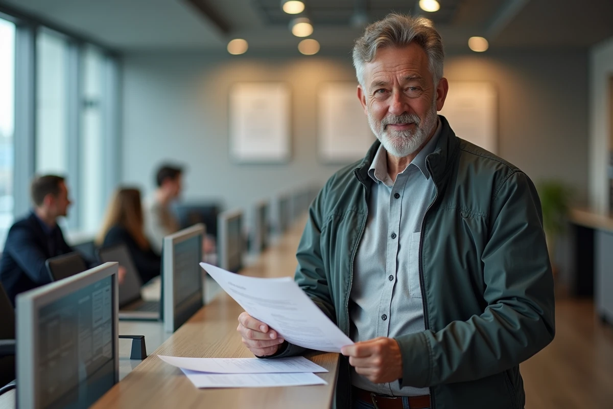 Homme souriant tenant un formulaire dans un centre d