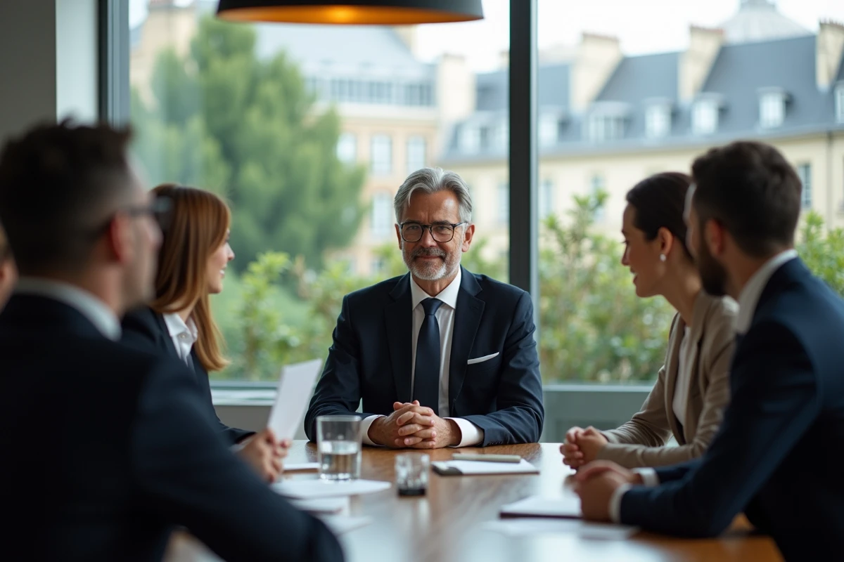 Homme en costume discutant avec une équipe dans un studio moderne