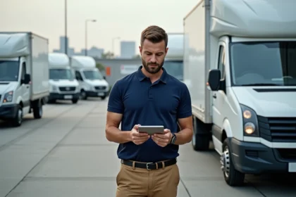 Homme en polo navy vérifiant la flotte de livraison urbaine