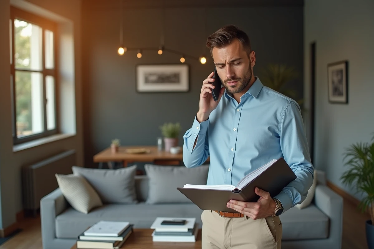 Homme en tenue décontractée parlant au téléphone dans le salon